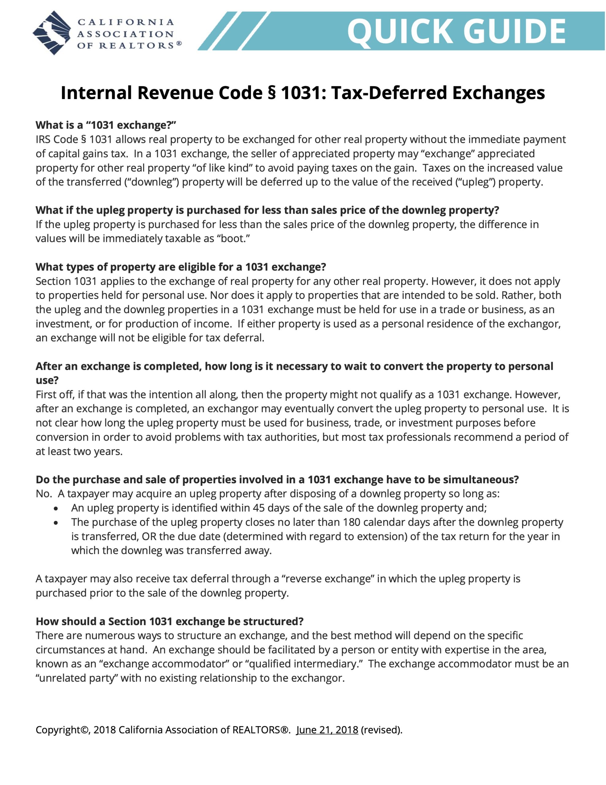 Quick Guide - Internal Revenue Code 1031-Tax-Deferred Exchanges